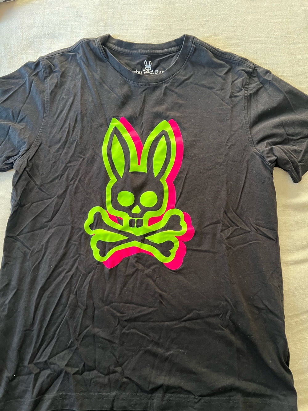 Psycho Bunny Black Tee with Neon Pink & Neon Green Skull Bunny